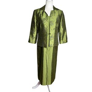 Coldwater Creek Two Piece Green Brocade Dress Jacket Set Petite 10 Green Beaded